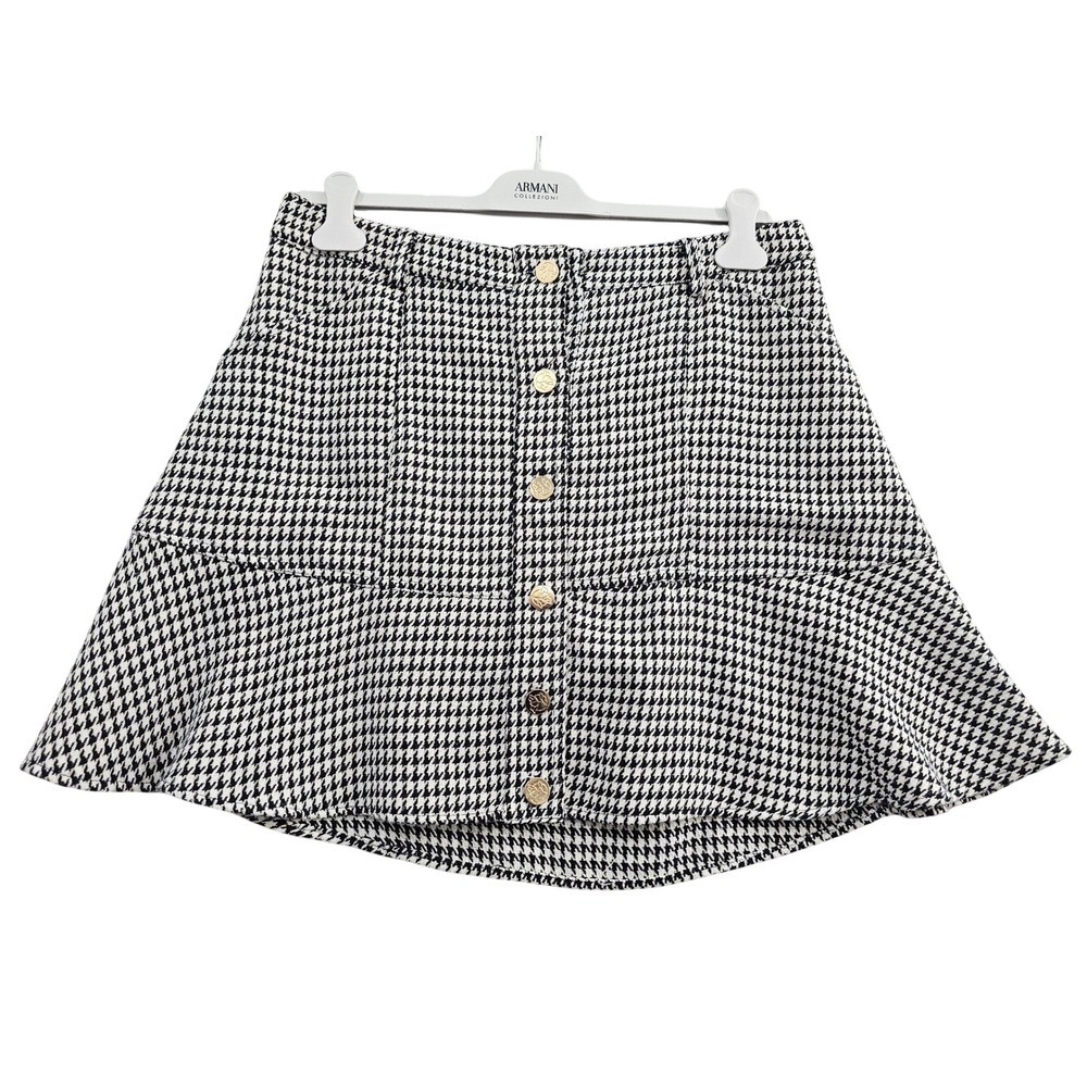 Draper James Skirt Women 14 Black Houndstooth Metallic Ruffle Button Front Mini